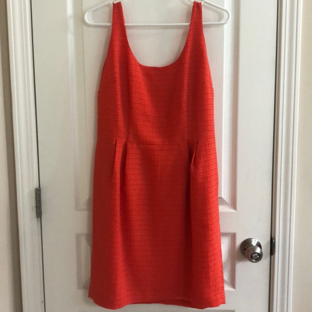 Orange/reddish knee length dress.